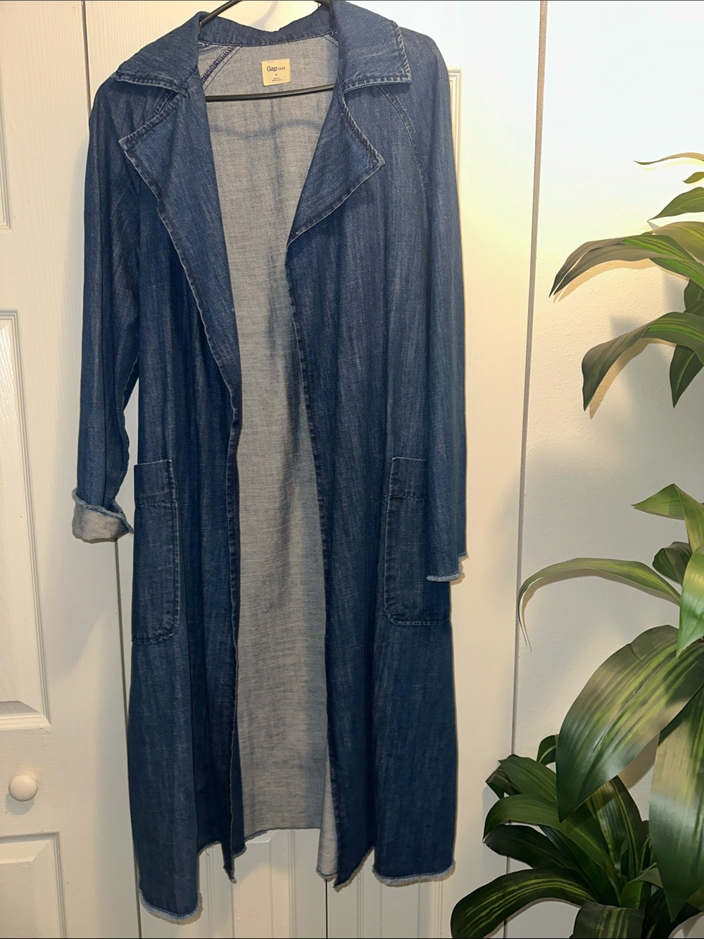 GAP Long Denim Trench Coat in Dark Blue